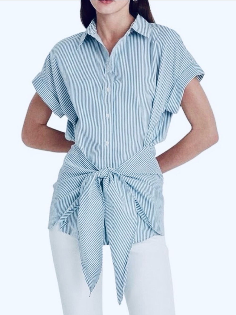 Lauren Ralph Lauren Linen Blue White Striped Short Sleeve Front Tie Top Petite S